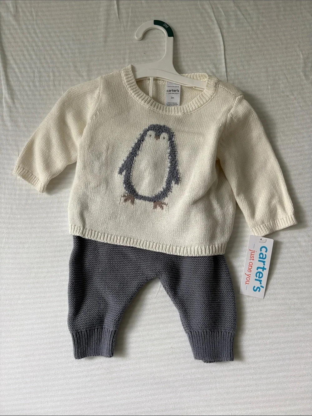 Carter's Cream Penguin Knit Sweater & Gray Jogger Set